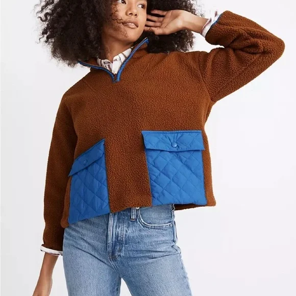 Madewell Brown and Blue Fleece oversized boxy Pullover size small - Picture 2 of 6